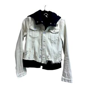 FREE PEOPLE Women’s White Distressed Jean Jacket Built in Navy Hoodie - Size XS